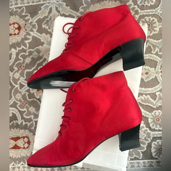 Vintage Yves Saint Laurent Red Satin Lace-Up Ankle BootsItalyBlock Heel